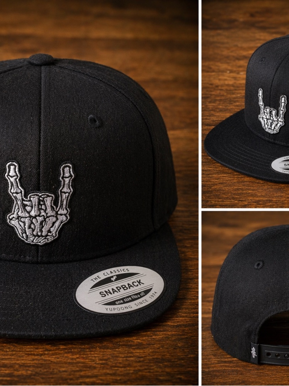 Black Snapback Hat with Skeleton Hand Patch